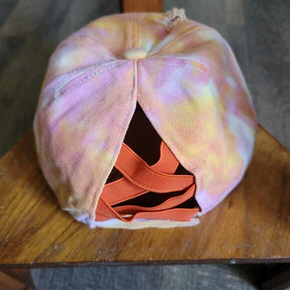 Distressed pink, white and orange tie dyed baseball hat with ponytail hole - Picture 6 of 8
